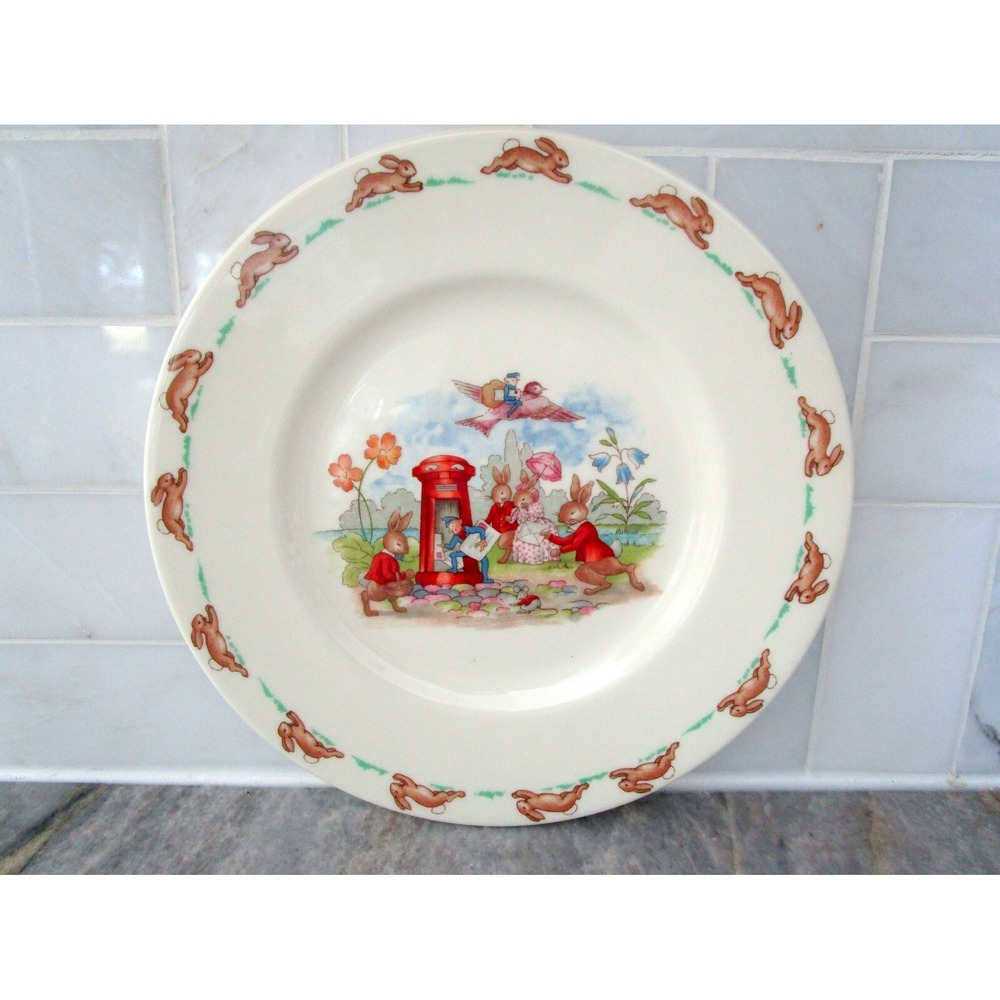 Bunnykins Vintage Plate by Royal Doulton, Royal Mail letterbox Airmail 8"